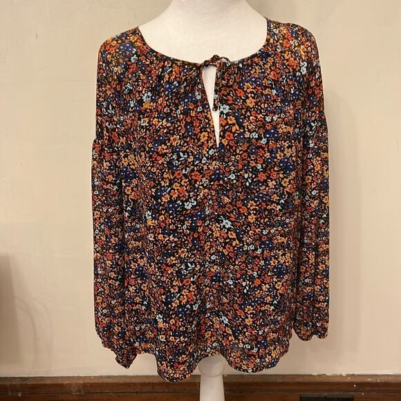 J Crew black floral long sleeve blouse Size M EUC - Picture 1 of 10